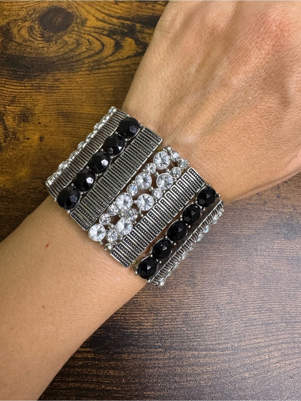 Black and Clear Crystal Stretch Bracelet - Women's Jewelry
